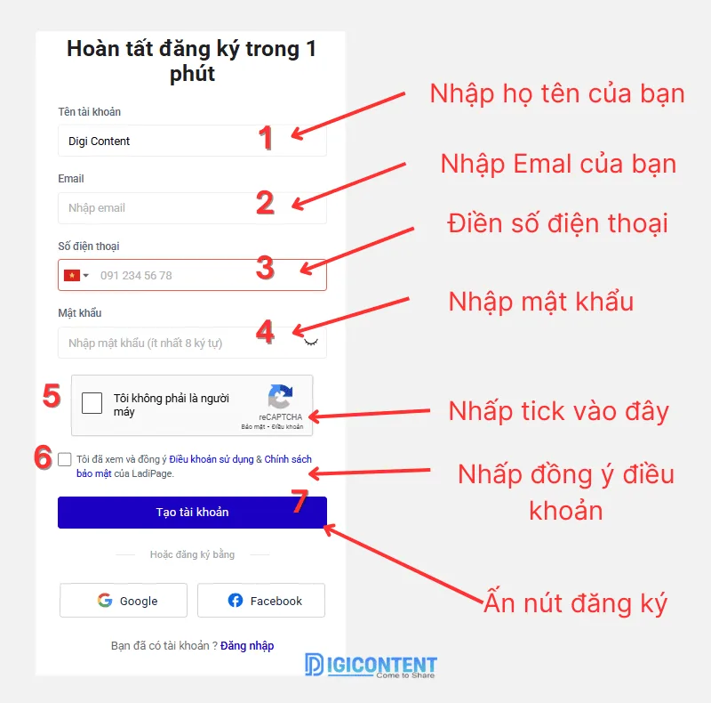 Đăng ký tài khoản Ladipage