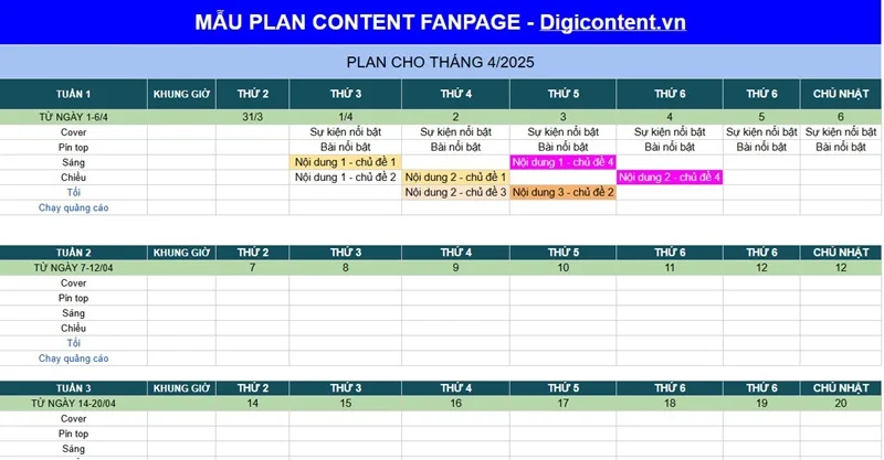 Mẫu plan content cho Fanpage 1