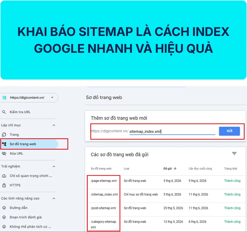 Gửi sitemap XML lên Google Search để index bài viết nhanh